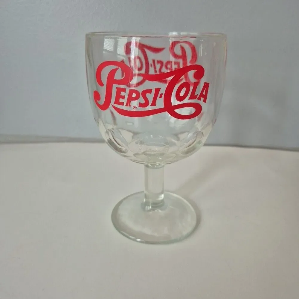 Pepsi Cola VTG Thick Clear Thumbprint Goblet Red Script Logo Pedestal Glass 16OZ
